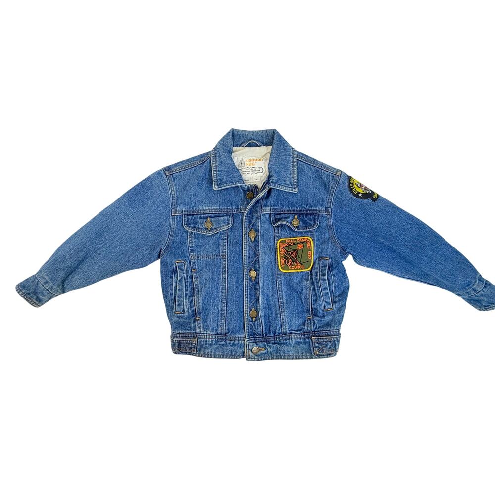 London Fog Boys Denim Jacket Medium Blue Jean Coat Patches Youth Trucker Jacket